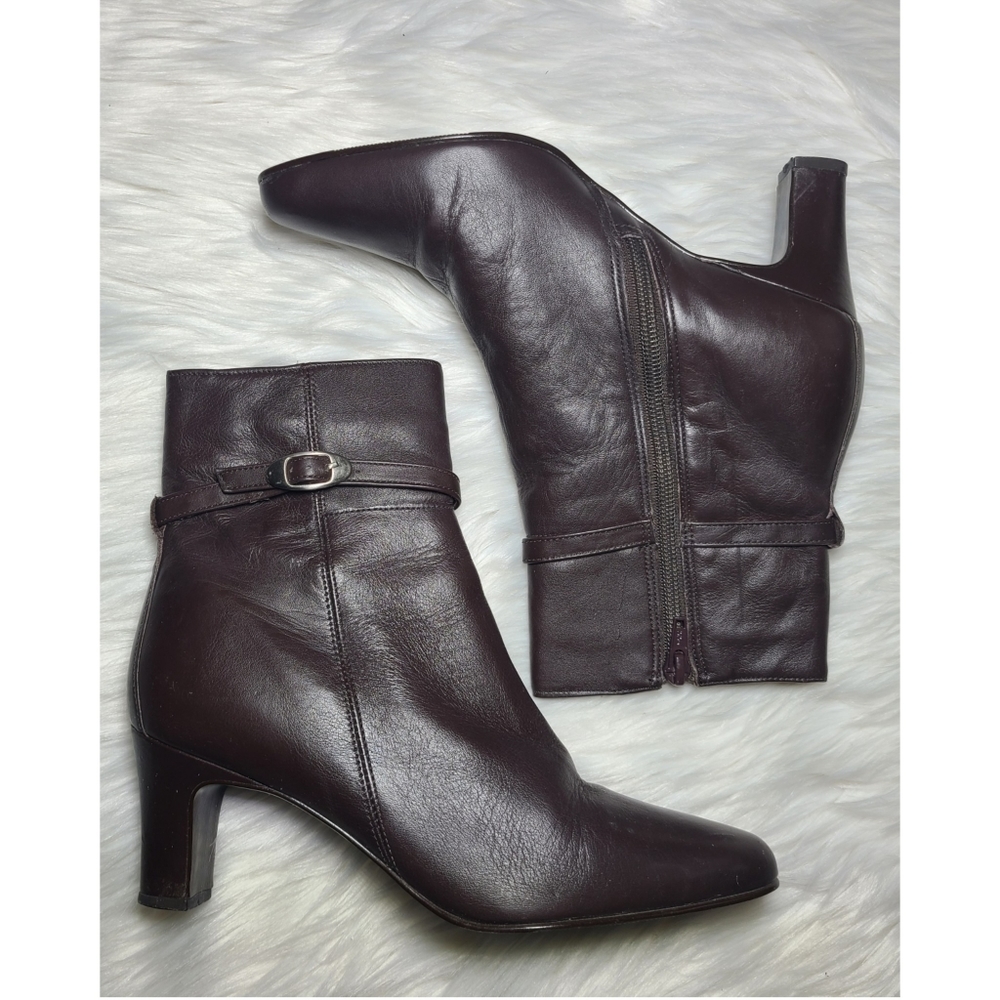Lord & Taylor|Brown Leather Heeled Buckle Booties, 7.5
